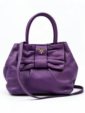 Prada Purple Leather Bow Tote Satchel Crossbody Shoulder Bag w/ Strap